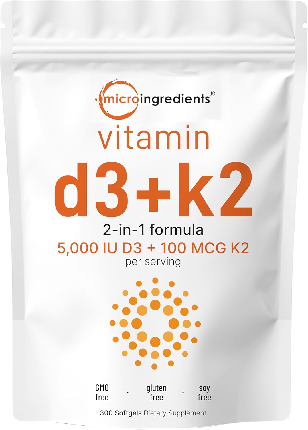 Micro Ingredients Vitamina D3 5000 IU con K2 100 mcg, 300 Softgels | Suplemento de Vitamina K2 MK-7 con D3, 2 en 1 para Apoyo Inmunológico, Salud del Corazón, Articulaciones, Dientes y Huesos - Fácil de Tragar